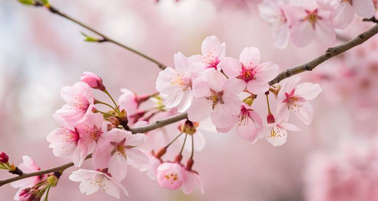 Close-up of pink cherry blossoms on a branch.