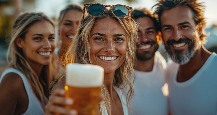 Groep mensen die glimlachen en een drankje vasthouden buiten, genietend van een zonnige dag.