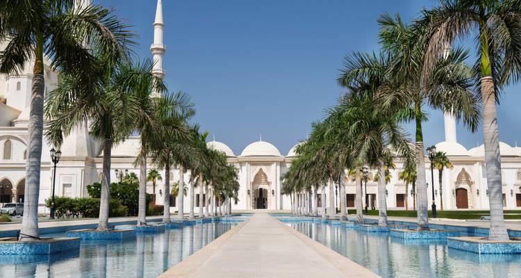 Weg gesäumt von Palmen, der zu einer majestätischen Moschee führt.