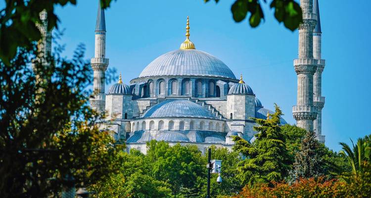 Gerahmte Aussicht auf die prächtige Kuppel der Blauen Moschee und ihre Minarette, die sich über üppig grüne Bäume gegen einen klaren Himmel erheben