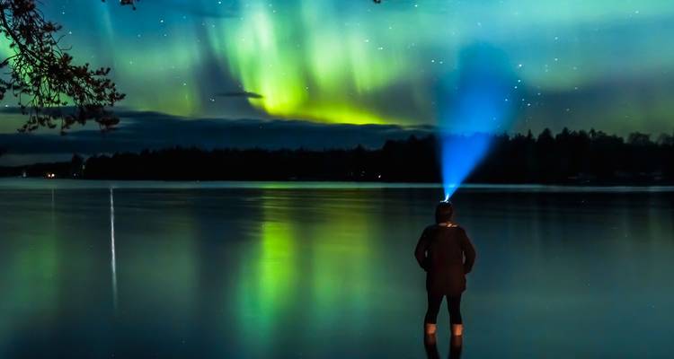 Une personne se tient debout sur un lac gelé et observe les aurores boréales d'un vert et d'un jaune vibrants ondulant au-dessus de sa tête.