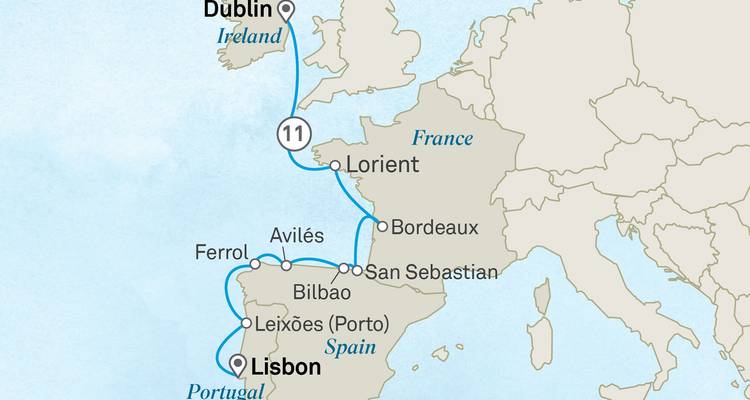 Mapa del crucero trazando la ruta desde Dublín hasta Lisboa a lo largo de la costa del Atlántico.