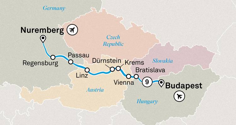 Map depicting a tour route from Nuremberg through Vienna to Budapest