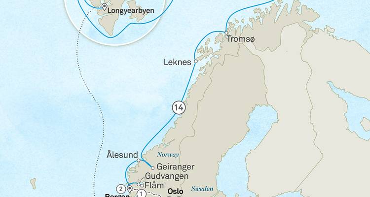 Map showing travel route around Norway with highlighted cities
