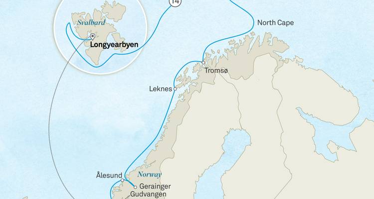 Route map showing cruise path from Tromsø and Ålesund to Longyearbyen in Norway.