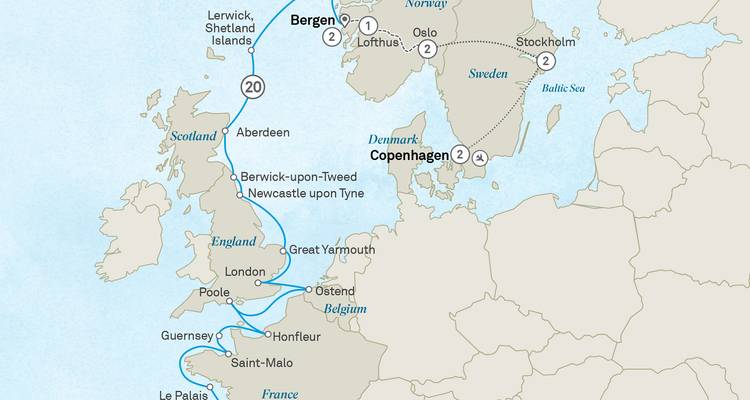 Carte européenne avec itinéraires de voyage détaillés mis en évidence.