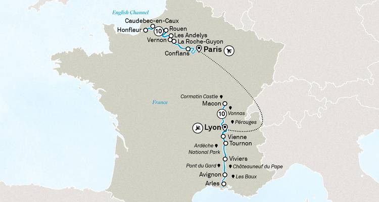 Map showing a travel route in northern France.