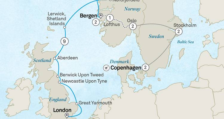 Map illustrating a journey through Europe, including major cities.