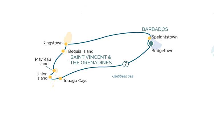 Looped route map of Saint Vincent & the Grenadines sailing itinerary.