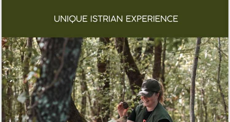 Image avec superposition de texte disant 'Expérience istrienne unique' mettant en vedette une femme dans une forêt.