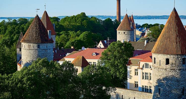 Mittelalterliche Stadtansicht mit Meer im Hintergrund.