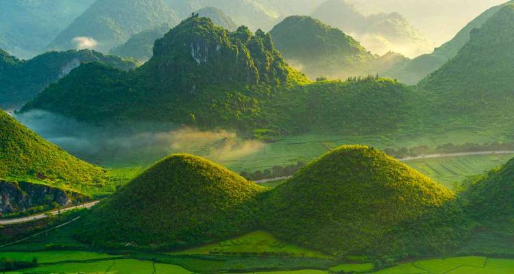 Karsts couverts de forêt avec de la brume et un lever de soleil créant une scène éthérée.