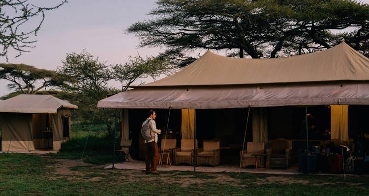 Un camping-car de safari se tient devant un lodge sous tente en toile entouré de grands acacias