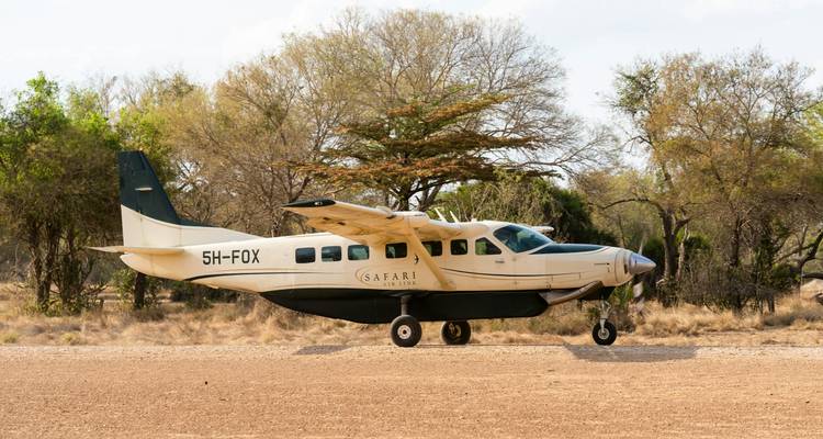 Petit avion de safari roulant au sol sur une piste en terre dans une clairière forestière