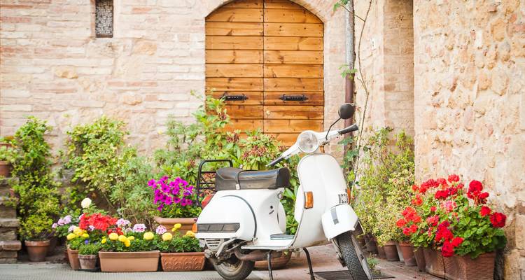 Vintage scooter in a floral courtyard.
