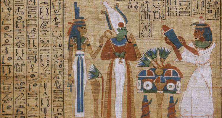 Ancient Egyptian hieroglyphics and deities art.