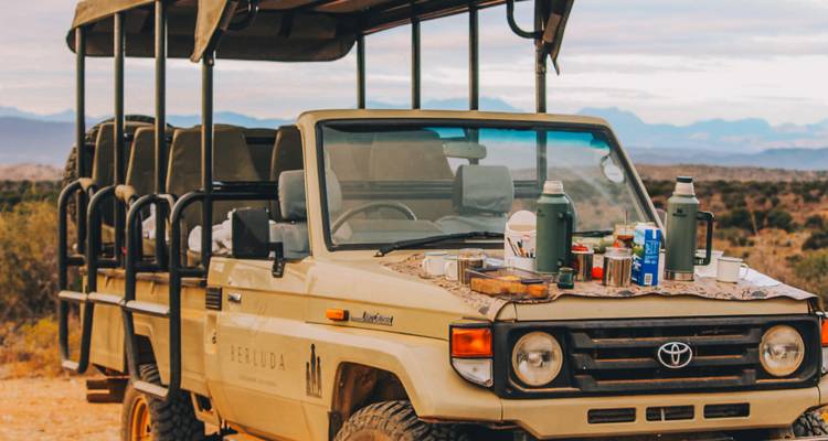 Vehículo de safari abierto estacionado con un desayuno extendido en el capó con las montañas de fondo.