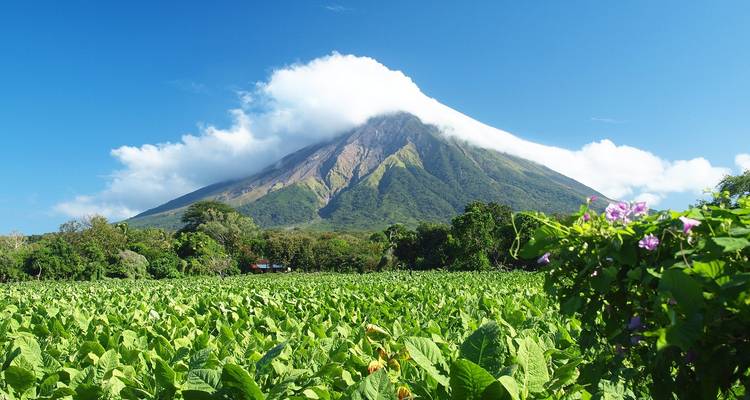 Vue d'un volcan au sommet couvert de nuages.