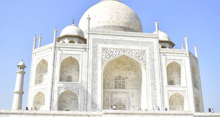 Dichtbij beeld van de ingewikkelde marmerstructuur van de Taj Mahal.