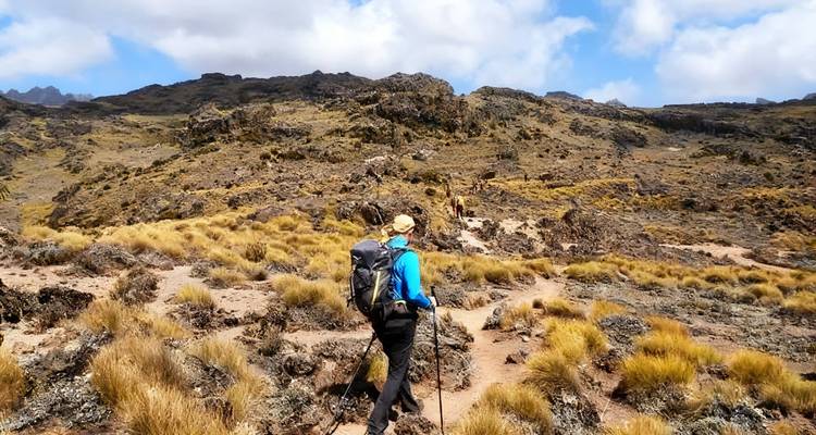 Rucksacktourist mit Wanderstöcken wandert entlang eines felsigen Alpenpfads am Mount Kenya unter einem strahlend blauen Himmel