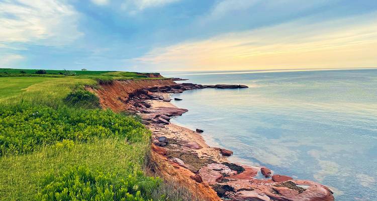 Coastal cliffs with a scenic view of the ocean at sunset.