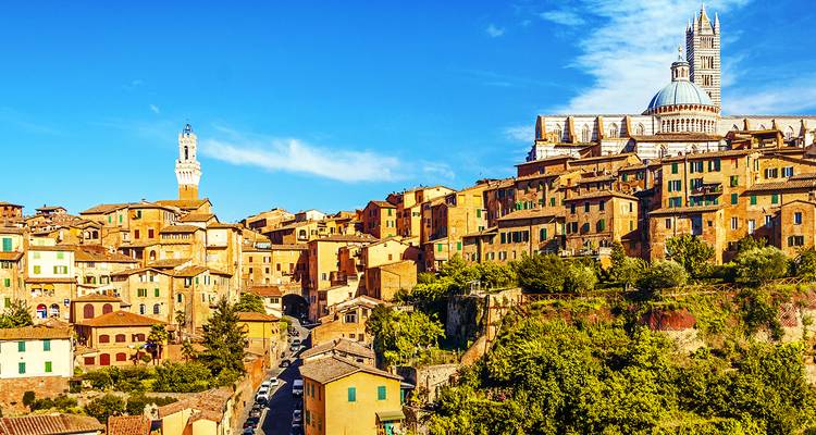 Colorful historical buildings of Siena with the cathedral