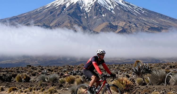 Cyclist rides a gravel road with the snow-topped summit of Mount Kilimanjaro towering above a sea of cloud