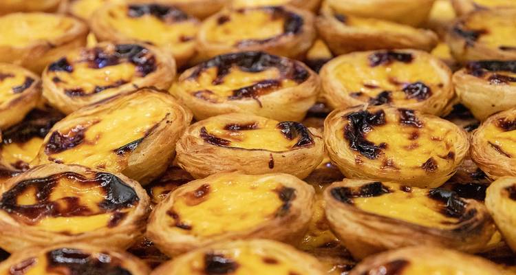 Close-up of traditional Portuguese custard tarts (pasteis de nata).