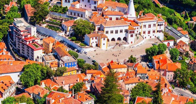 Aerial view of Sintra with the National Palace and vibrant rooftops.