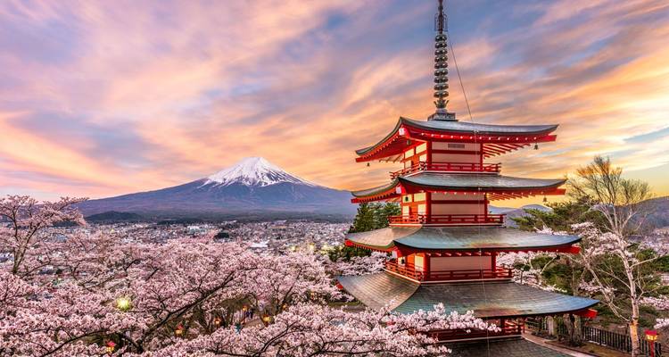 Mount Fuji in the background with a pagoda and cherry blossoms.
