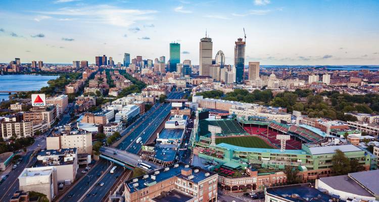 Aerial view of Boston with Fenway Park and city skyline.