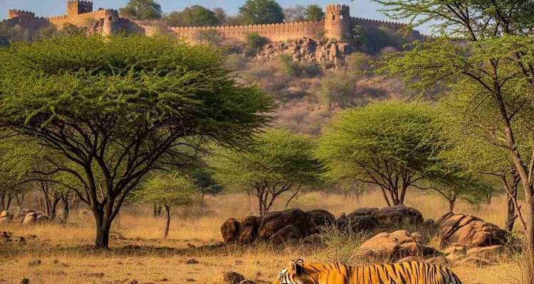 Bengal tiger resting in dry grass with the ancient fort walls of Ranthambore in the background.