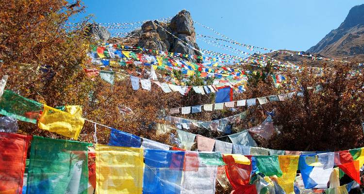Hundreds of colorful prayer flags fluttering on a mountainside under bright blue skies.