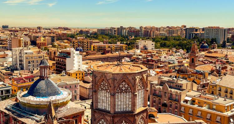 Vista panorámica desde la azotea sobre el centro histórico de Valencia con la torre de la catedral y la cúpula de azulejos