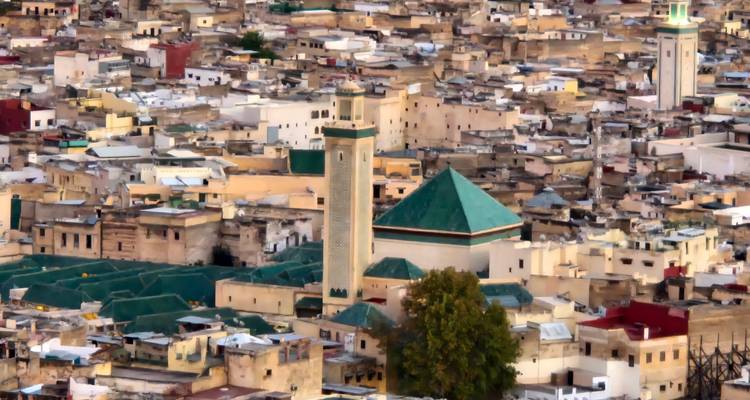 Elevated view over the dense rooftops and minarets of Fes medina with a central green-tiled mosque