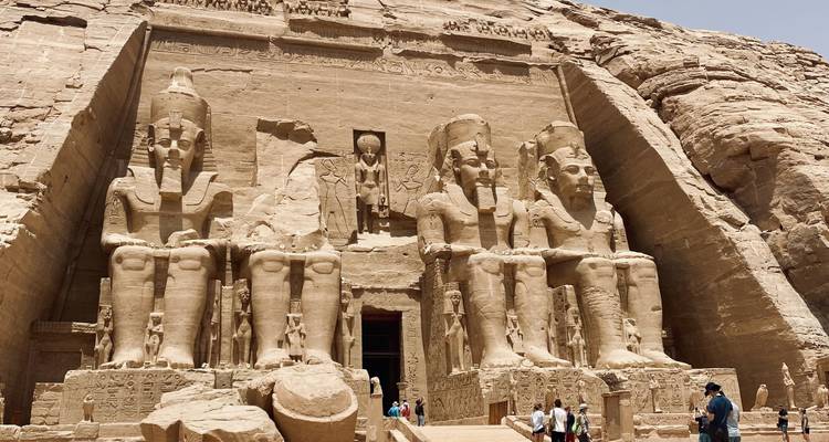 Statues of Pharaohs at the entrance of the Abu Simbel temple.