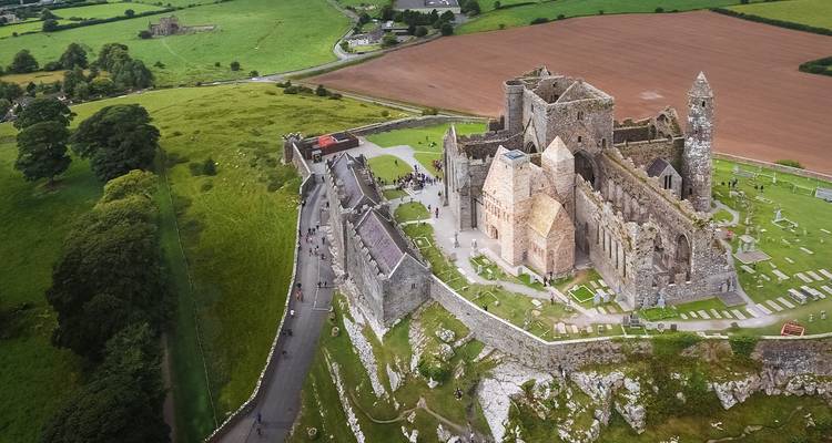 The Rock of Cashel, an ancient castle complex on a hill.