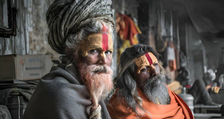 Two saffron-draped sadhus with painted faces sit wrapped in blankets inside a dim Varanasi building.