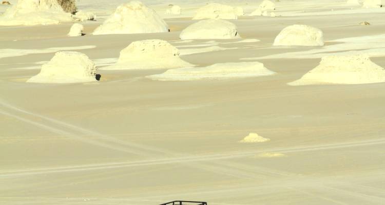 Des formations de craie blanche s'élèvent du sol désertique du désert blanc d'Égypte sous un ciel pâle.