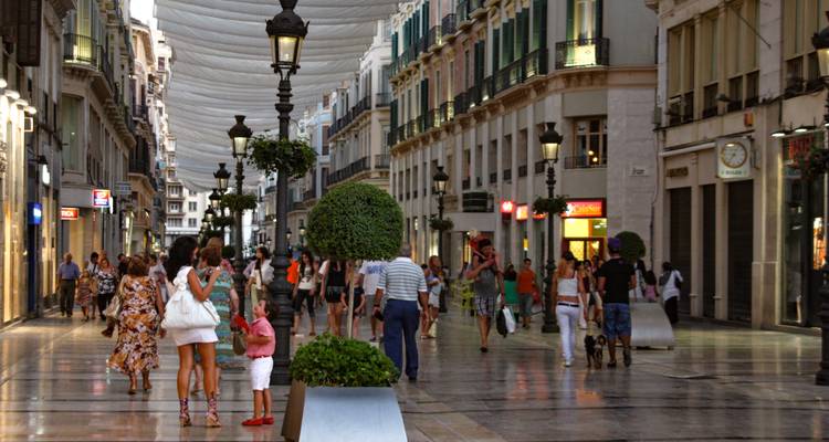 People walking on a busy shopping street with modern buildings.