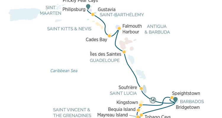 Cruise map tracing route from Barbados through Saint Lucia and Guadeloupe.