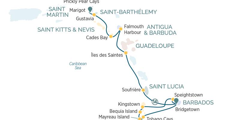 Simplified map showing a Caribbean sailing route through multiple island nations.