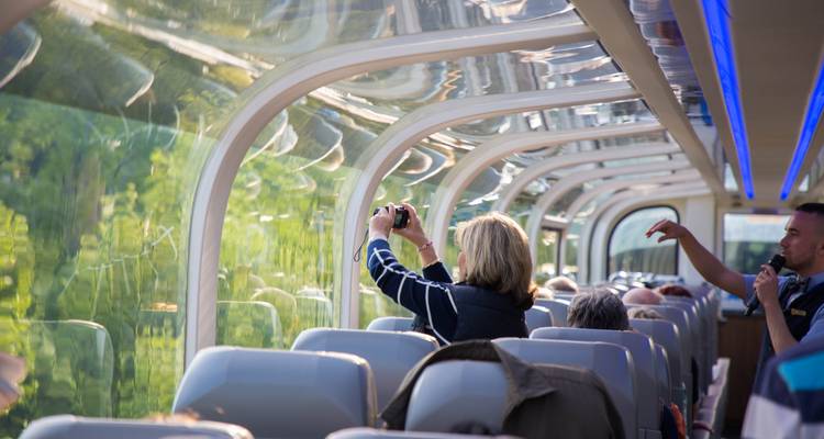 Pasajeros dentro de un vagón de tren turístico con cúpula de cristal capturando fotos del paisaje forestal que pasa