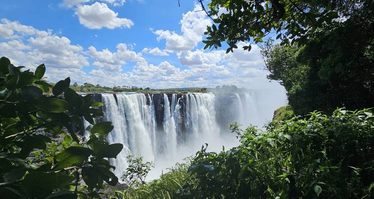 Victoria Falls with lush greenery and bright sky.