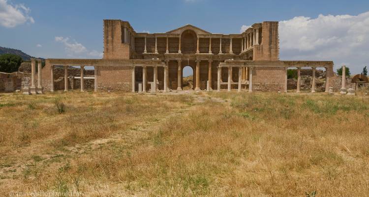Vista frontal amplia del monumental complejo del gimnasio de Sardis enmarcado por un campo de hierba seca.