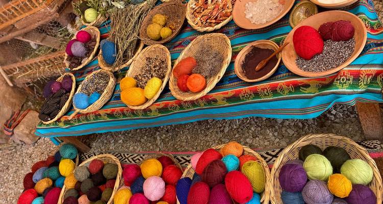 Hilos coloridos y tintes naturales exhibidos sobre una mesa.