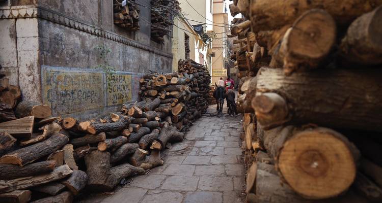 Ruelle étroite avec des piles de bois de chauffage de chaque côté.