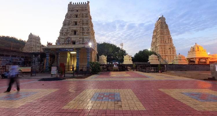 Temple grounds with intricate carvings and large entrances.