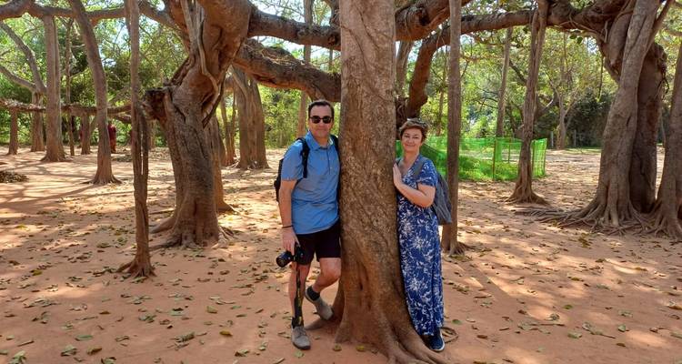 Couple leaning against a large tree in a serene forest setting.