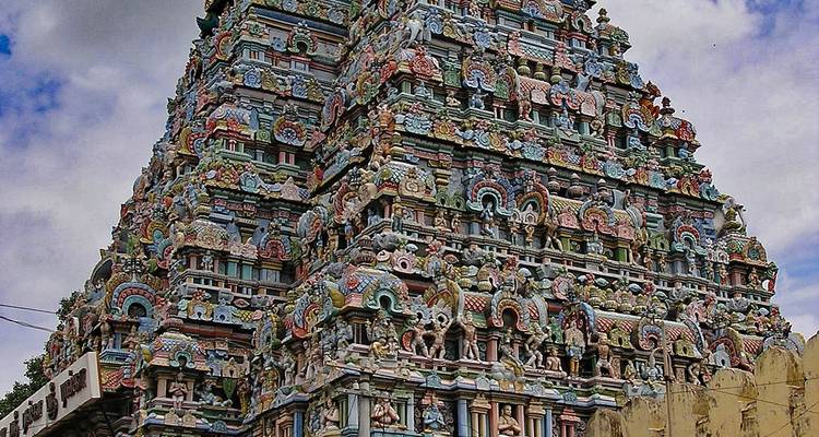 Close-up of an intricate temple tower.